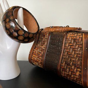 Small Wooden, Faux Leather Handbag Purse with Matching Lucite Chunky Bracelet